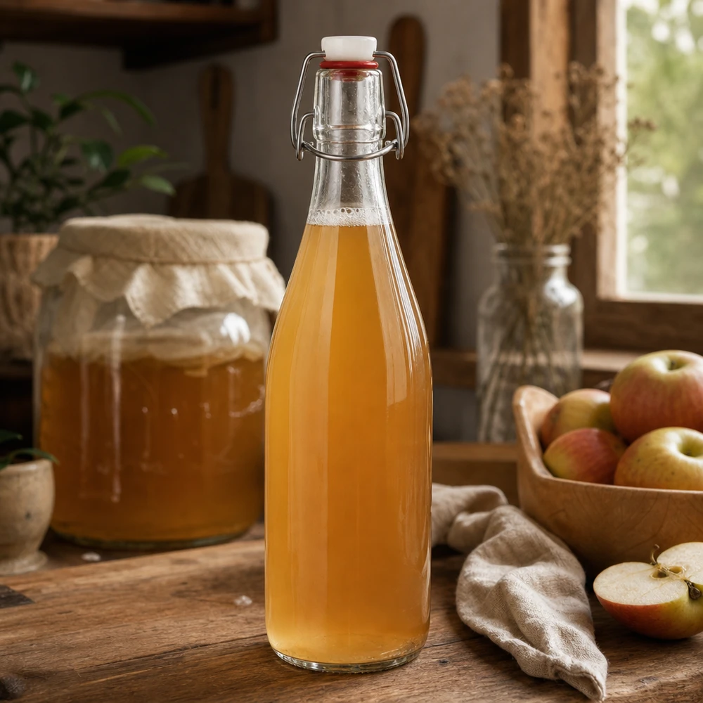 500 ml glasflaske og hængelåg i PVC UNiTWIST 500 ml glasflaske med svingtop fyldt med æblejuice rustikt køkken frugtdrik hjemmelavet naturlig