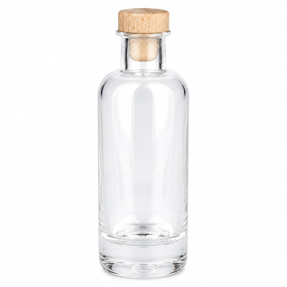 200 ml glasflaske »Ella« med træhåndtag og prop UNiTWIST® 200 ml glasflaske Ella med trækork gennemsigtig tom Produktfoto mod en hvid baggrund