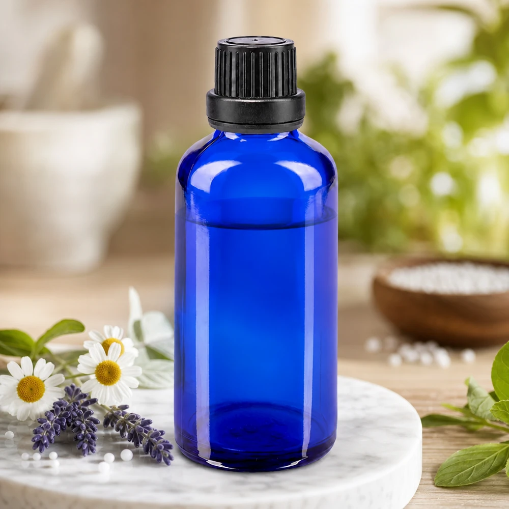 Koboltblå glasflaske på 50 ml med sort skruelåg, omgivet af lavendel- og kamilleblomster