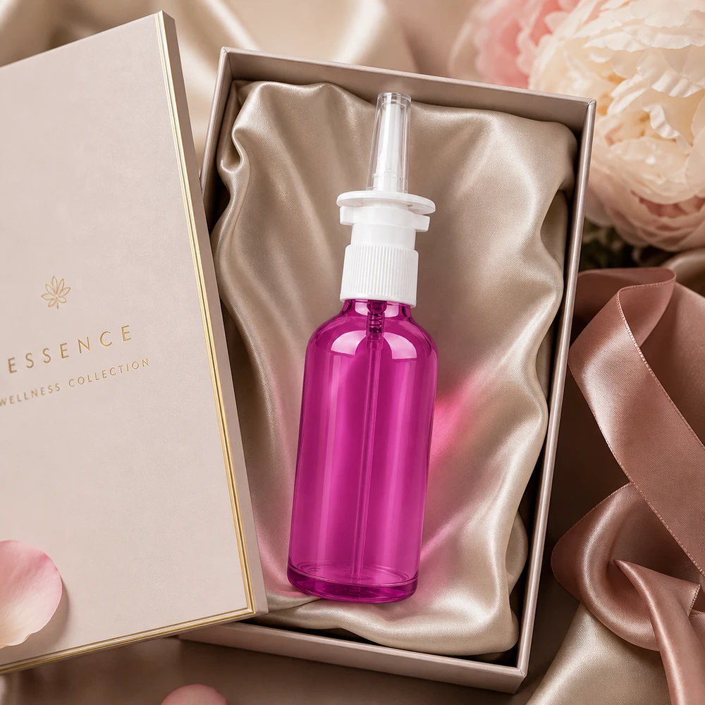 50 ml næsesprayflaske hvid/transparent standard PurpleLine. UT18/50 50 ml næsesprayflaske med hvidt sprayhoved og beskyttelseshætte i en luksuriøs lilla finish