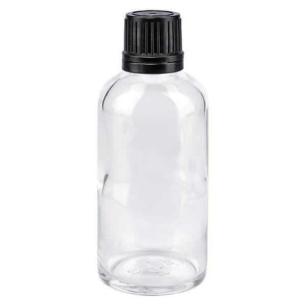 Apoteksflaske klar 50ml skruelåg sort hælde r. OV Apoteksflaske klar 50ml skruelåg sort hælde r. OV