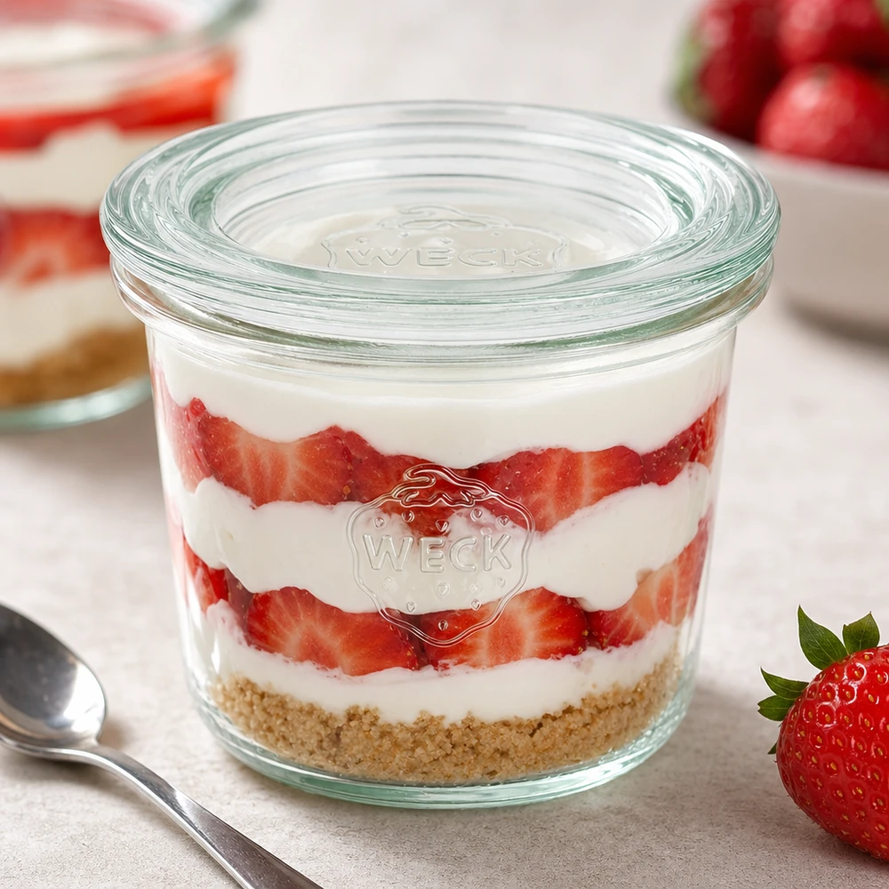80 ml krukke med glaslåg WECK RR60 WECK-bægre 80 ml RR60 fyldt med jordbærcreme dessert viser alsidig brug som dessertglas og portionsglas