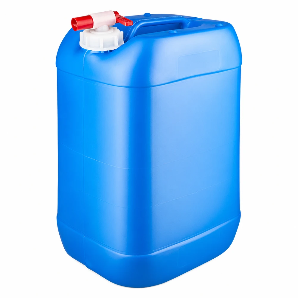 Blå plastdunk på 25 liter med rødt udløbshan og hvid skruelåg