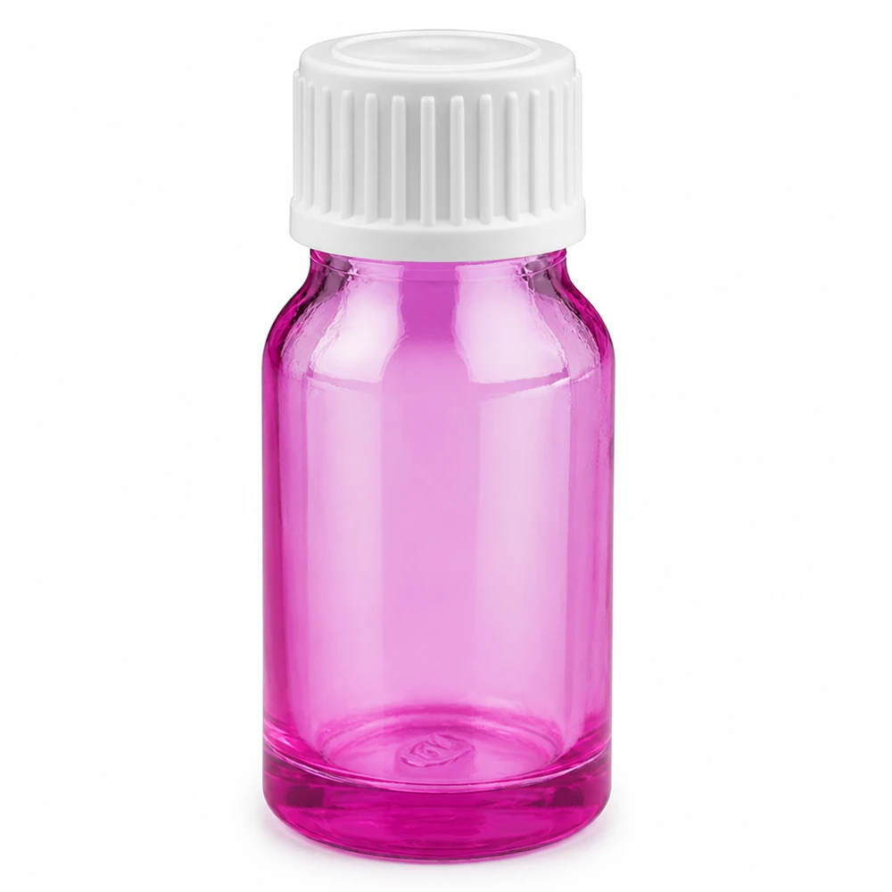 10 ml dråbeflaske 0,9 mm hvid standard PurpleLine. UT18/10 10 ml dråbeflaske i lilla glas med hvidt skruelåg til præcis dosering