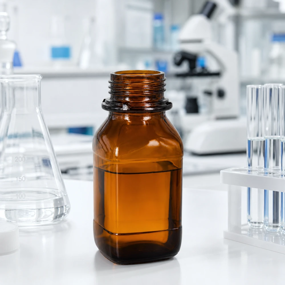 250 ml kemikalieflaske Firkantet 250 ml kemikalieflaske af UV-beskyttende ravfarvet glas til laboratoriebrug