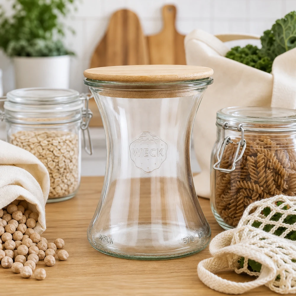 370 ml delikatesseglas WECK RR80 med trælåg WECK delikatesseglas 370 ml RR80 med trælåg i zero-waste-køkken med bæredygtige opbevaringskrukker og stofposer