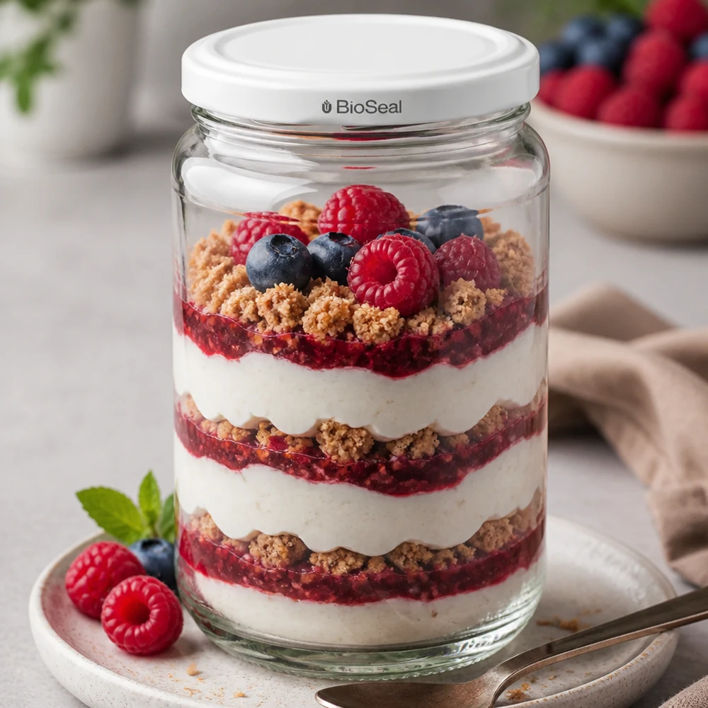 UNiTWIST Runda305 med hvidt låg TO63 BioSeal UNiTWIST Runda305 med BioSeal-låg som dessertglas - lagdelt dessert med bær og yoghurt serveret med stil