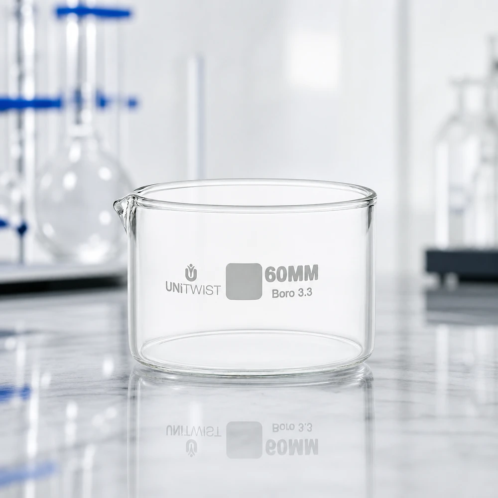 Tom krystalliseringsskål 60 mm UNiTWIST Boro 3.3 foran en laboratoriebaggrund med en Erlenmeyer-kolbe