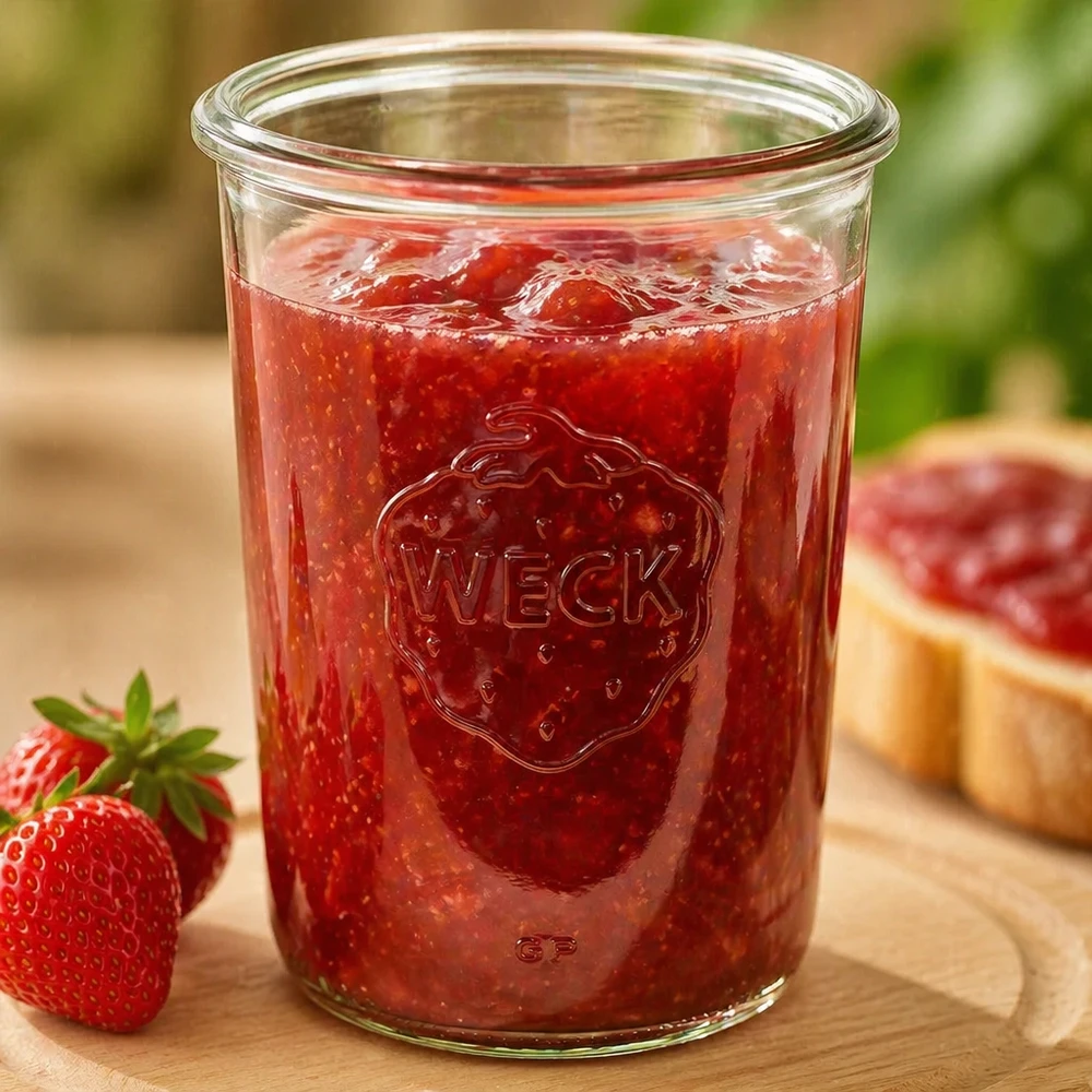 850 ml Briller WECK RR100 850ml WECK Sturzglas RR100 mit Erdbeermarmelade gefüllt auf Holzbrett neben frischen Erdbeeren und Brot