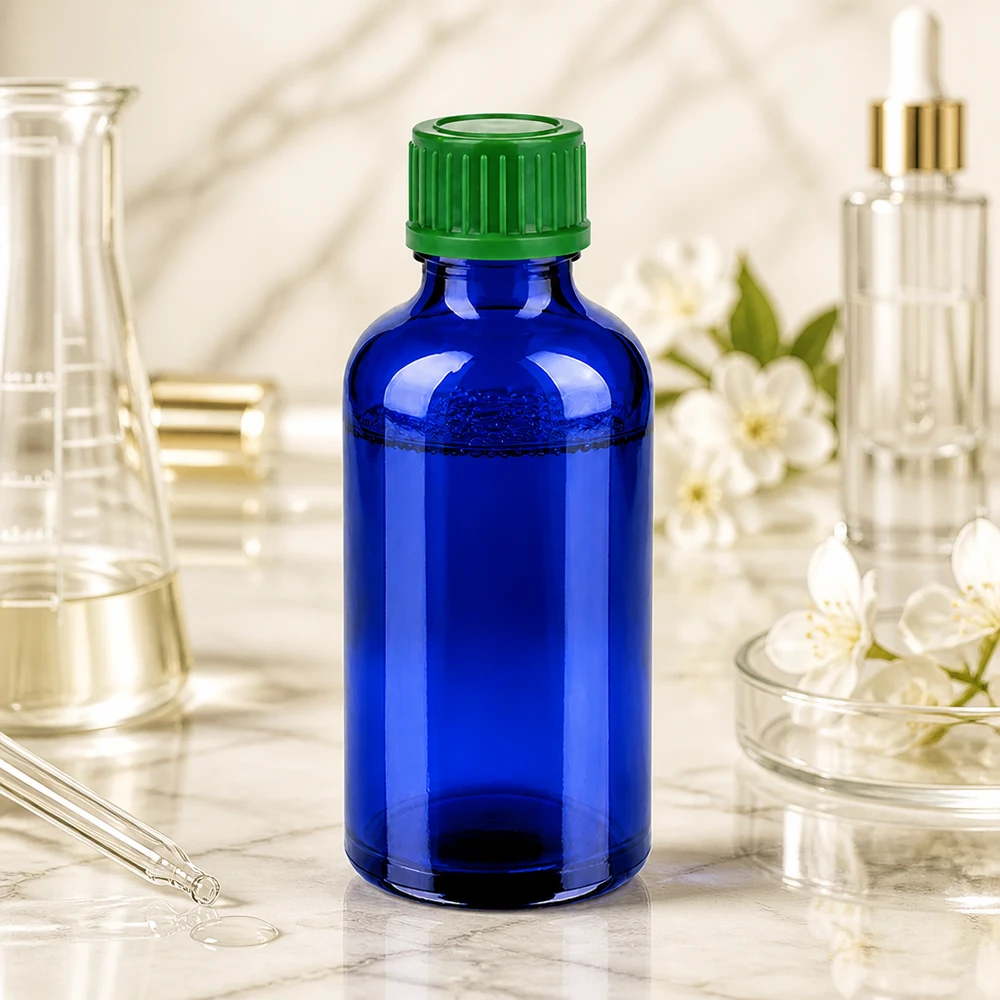 Blå 50 ml glasflaske med 11 mm skruelåg til præcis dosering af essenser
