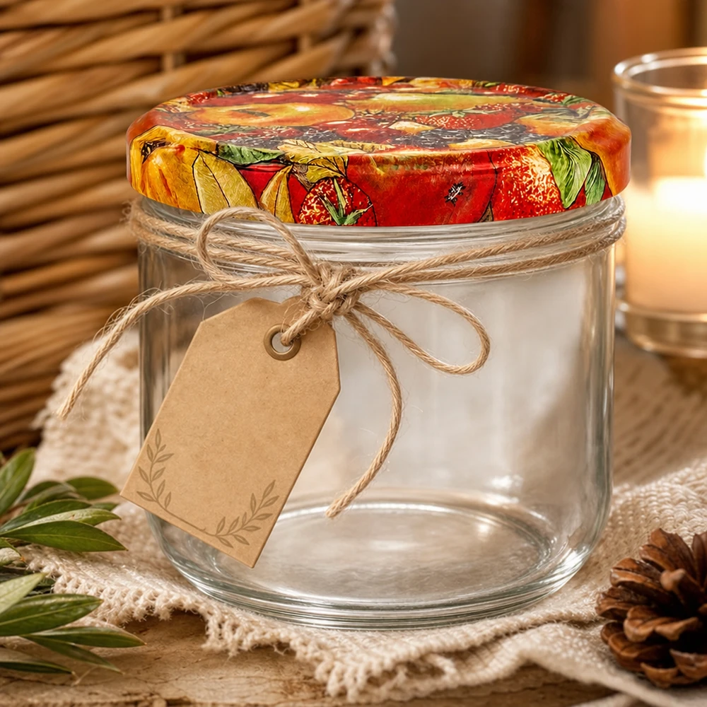 260 ml Briller + BasicSeal låg frugtdekoration UNiTWIST 260ml Sturzglas mit Obst-Dekor Deckel und rustikaler Geschenkverpackung mit Juteschnur und Anhänger