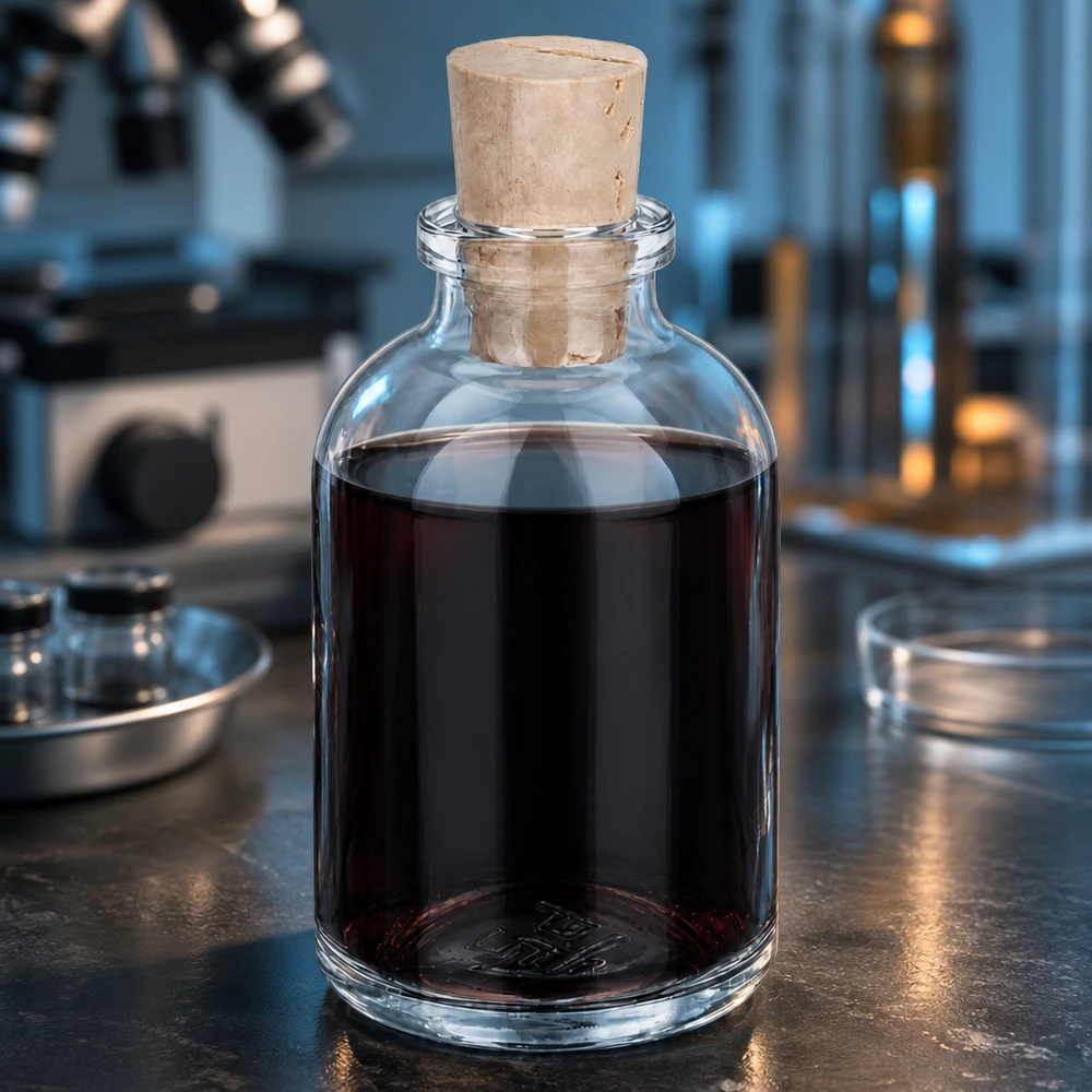Flaske i klart glas 50 ml med kork 11/14 mm Borosilikatglasflasche 50ml mit Korkstopfen im professionellen Laborumfeld mit Mikroskop