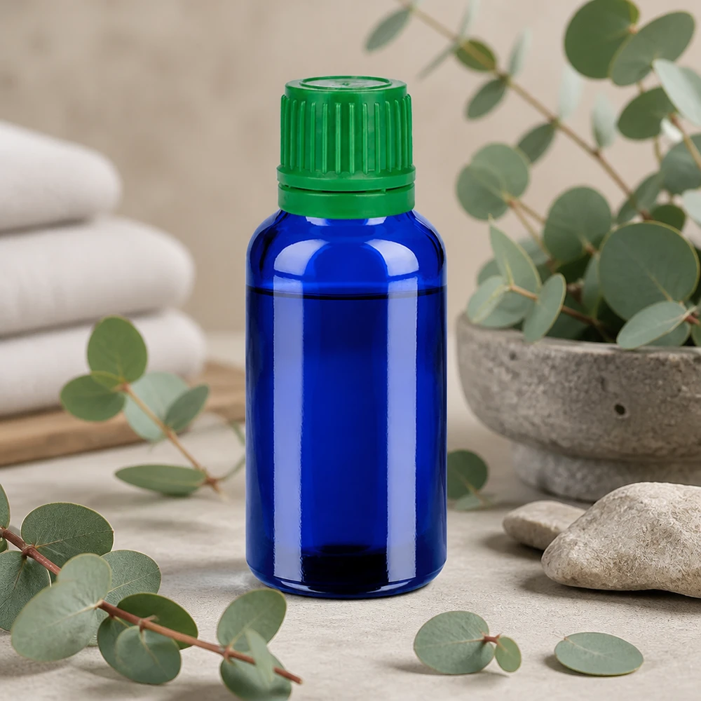 30 ml flaske 11 mm SV grøn OV BlueLine UT18/30 30 ml glasflaske i lyseblå farve med grønt skruelåg til naturkosmetik