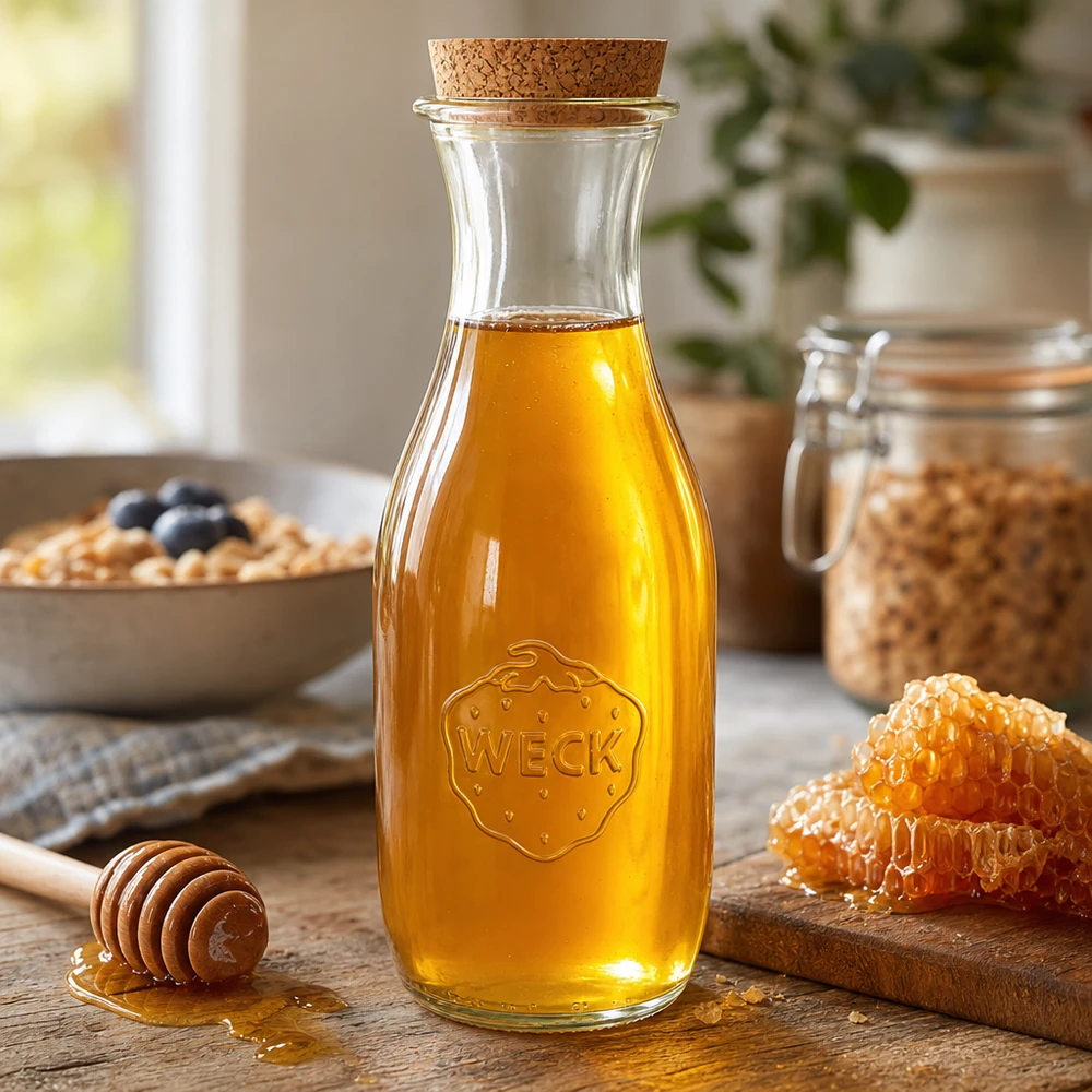 1062 ml juiceflaske WECK RR60 med kork natur WECK juiceflaske 1062 ml fyldt med gylden honning, naturkork og honningkagehonning i en hyggelig køkkenscene