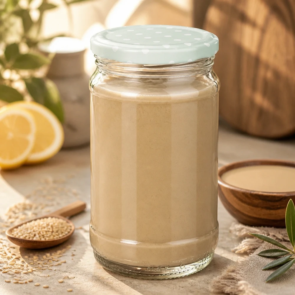 370 ml rundt glas + BasicSeal-prikker, mint, mat, UNiTWIST Tahini i en 370 ml UNiTWIST rund glasbeholder med mintgrønt, prikket BasicSeal-låg ved siden af sesam og citron