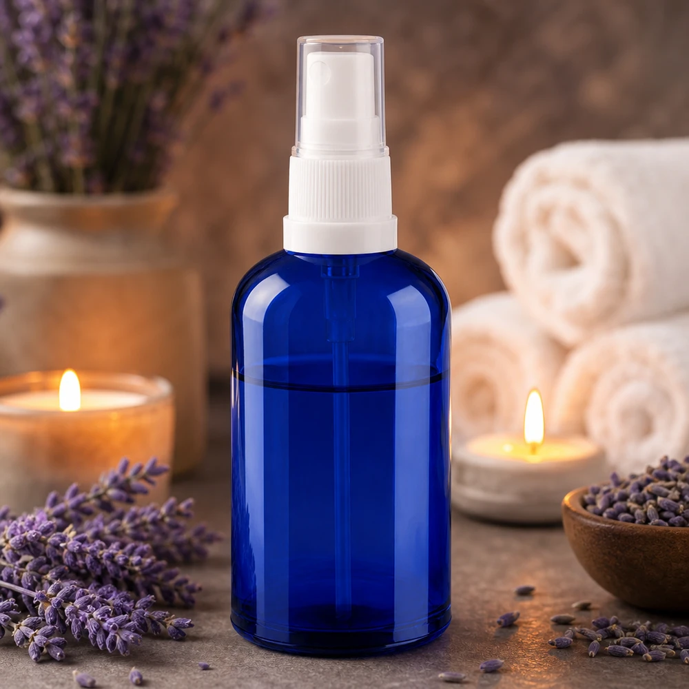 Blå 100 ml glassprayflaske med hvid pumpesprøjte til aromaterapi og wellness