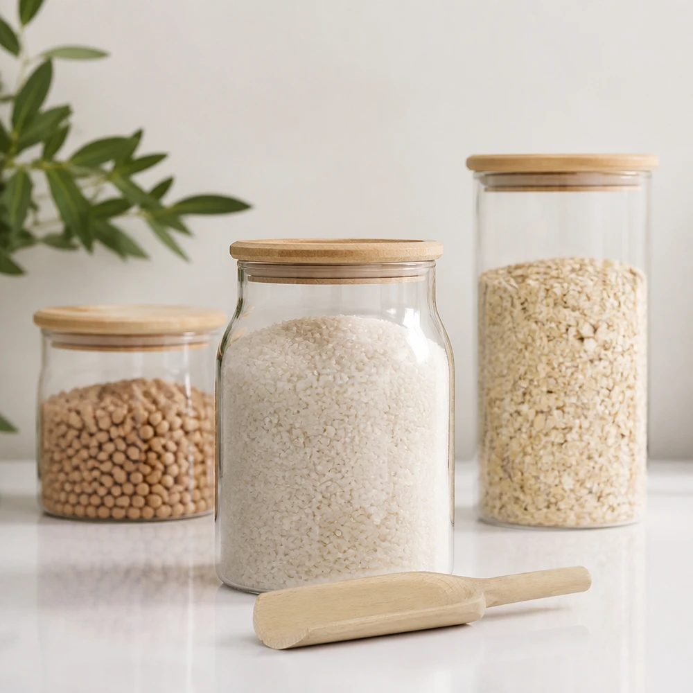 Træspade størrelse L flad form 18 cm lang Træskovl L 18 cm fladt ved siden af opbevaringsglas med ris, korn og bælgfrugter Zero Waste-køkkentilbehør