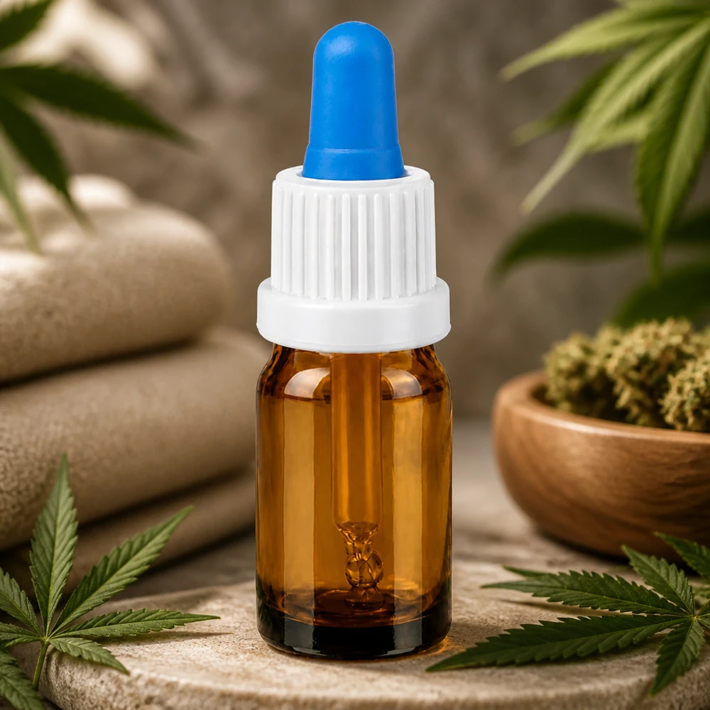 5 ml pipetteflaske hvid/blå OV BrownLine UT18/5 Lille 5 ml pipetteflaske i ravfarve med hvid hætte og blå dråbetæller til æteriske olier
