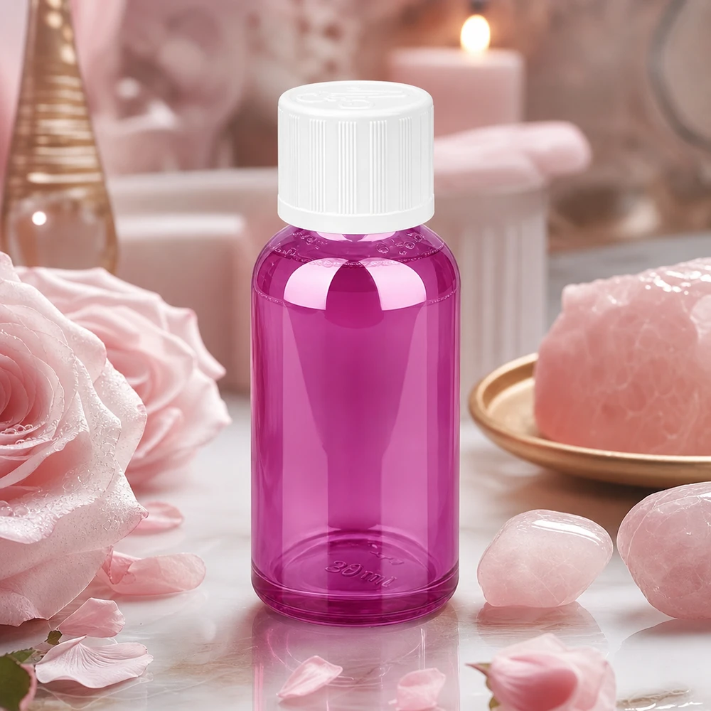 30 ml flaske 11 mm skruelåg hvid standard børnesikret PurpleLine UT18/30 Kompakt 30 ml glasflaske i sart violet - ideel til rejser og på farten
