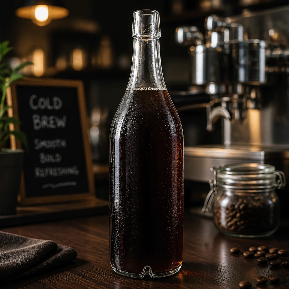 1000 ml glasflaske uden skruelåg UNiTWIST 1000 ml glasflaske UNiTWIST fyldt med Cold Brew Coffee-kaffebønner kaffeatmosfære skruelåg mørk