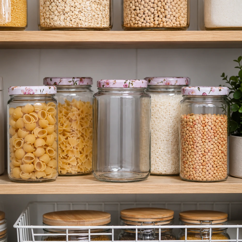 795 ml rund krukke + BasicSeal låg, lyserød UNiTWIST 795 ml rund krukke BasicSeal låg pink blomster i organiseret spisekammer med pasta ris linser opbevaring køkken
