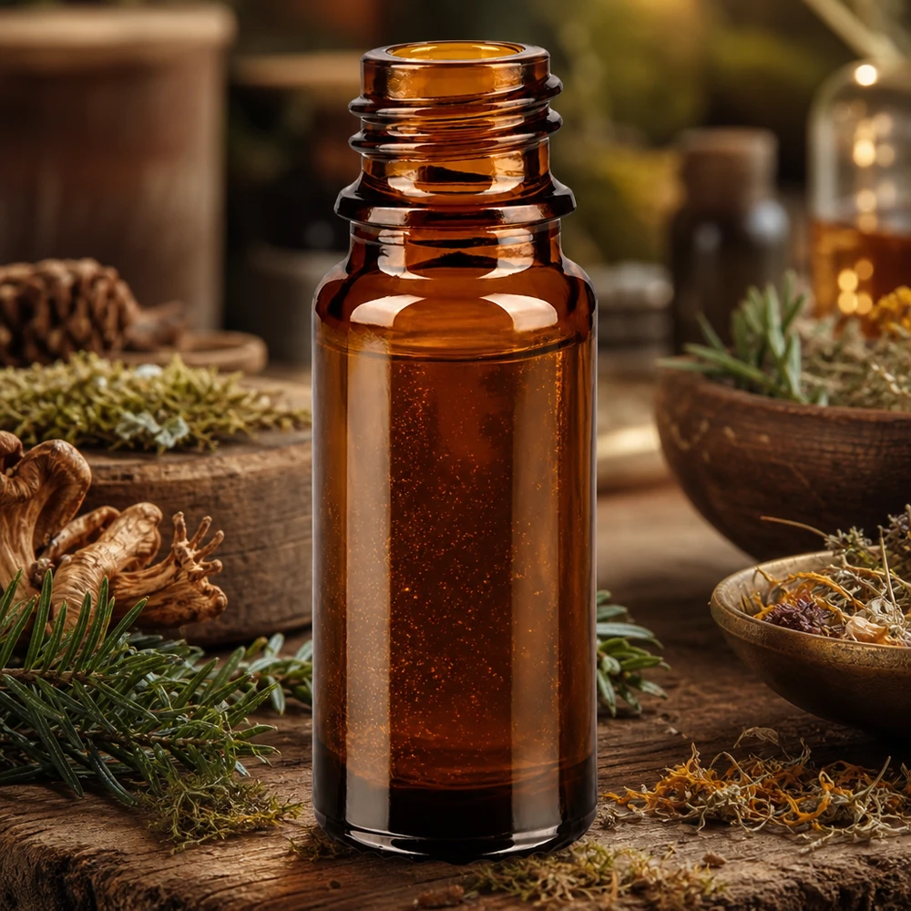 Dropperflaske 10 ml DIN 18 lavet af ravfarvet glas 10 ml brun apoteksflaske ApoGlas med fyrrekogler og nåletræer til naturmedicin og tinkturer