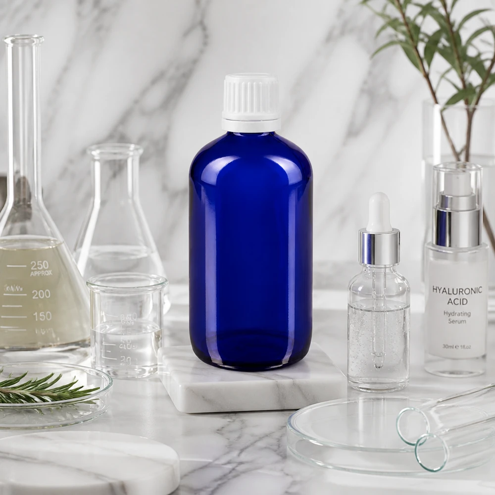 Apoteksflaske blå 100ml dryp v. 1,2 mm hvid OV Blå glasflaske på 100 ml med OV-lukning ved siden af hyaluronsyreserum og laboratorieudstyr på marmor