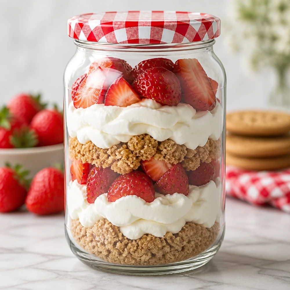 1062 ml rund krukke + BasicSeal-låg rød/hvid UNiTWIST 1062ml rundt glas BasicSeal låg dessert lagdelt dessert jordbær fløde kiks bund trifli dessertglas