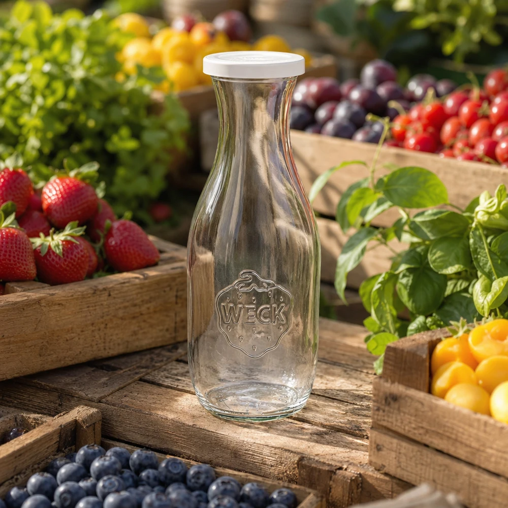 1062 ml saftflaske med friskhedslåg WECK RR60 WECK juiceflaske 1062 ml tom med logo mellem farverige frugter på trækasser i et naturligt havemiljø
