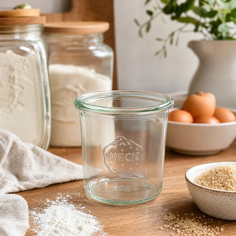 140 ml Briller WECK RR60 140 ml WECK RR60 murerbalje med logo på træbord i moderne køkken med opbevaringskrukker og ingredienser