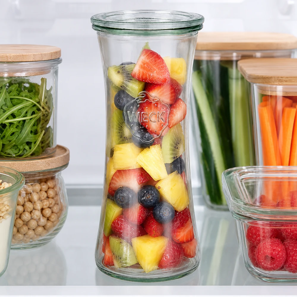 700 ml delikatesseglas med glaslåg WECK RR80 WECK Delikatessenglas 700ml RR80 mit buntem Obstsalat im Kühlschrank - perfekte Vorratshaltung für frische Früchte