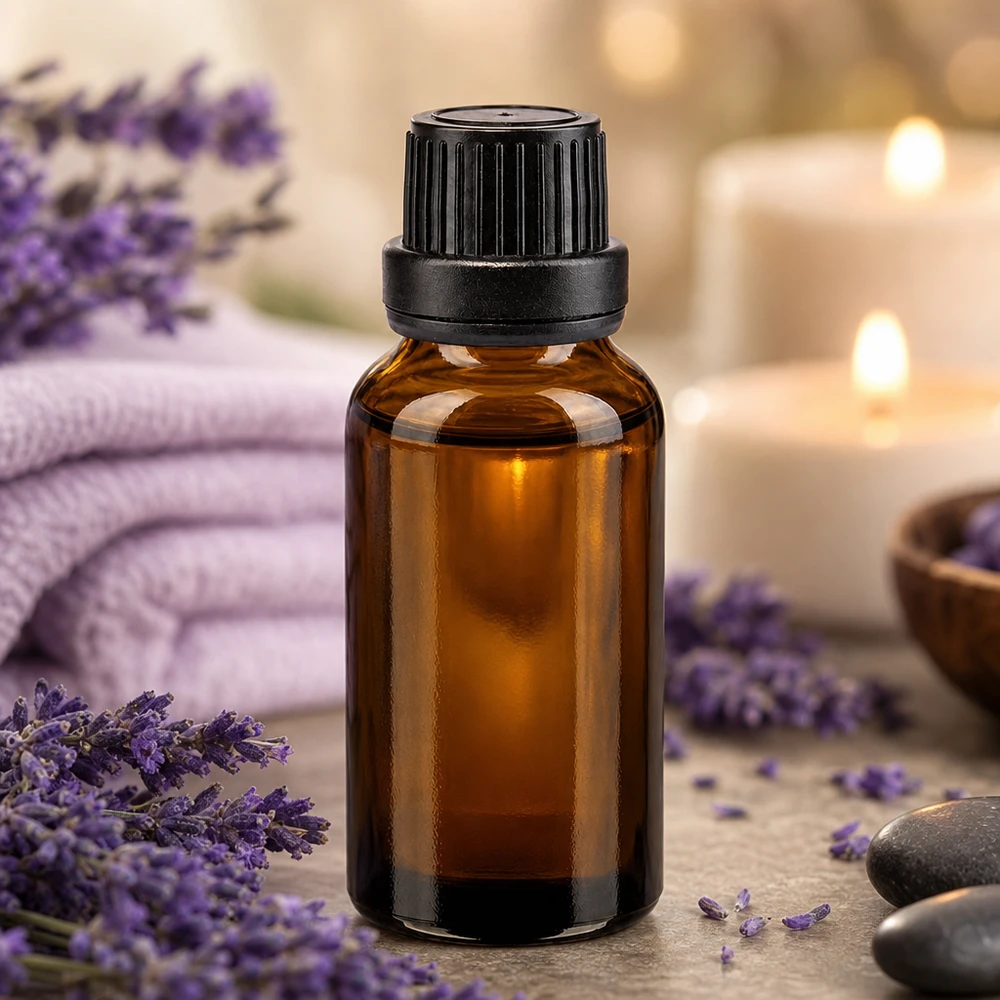 Brun 20 ml glasflaske med sort børnesikret låg til aromaterapi og wellness