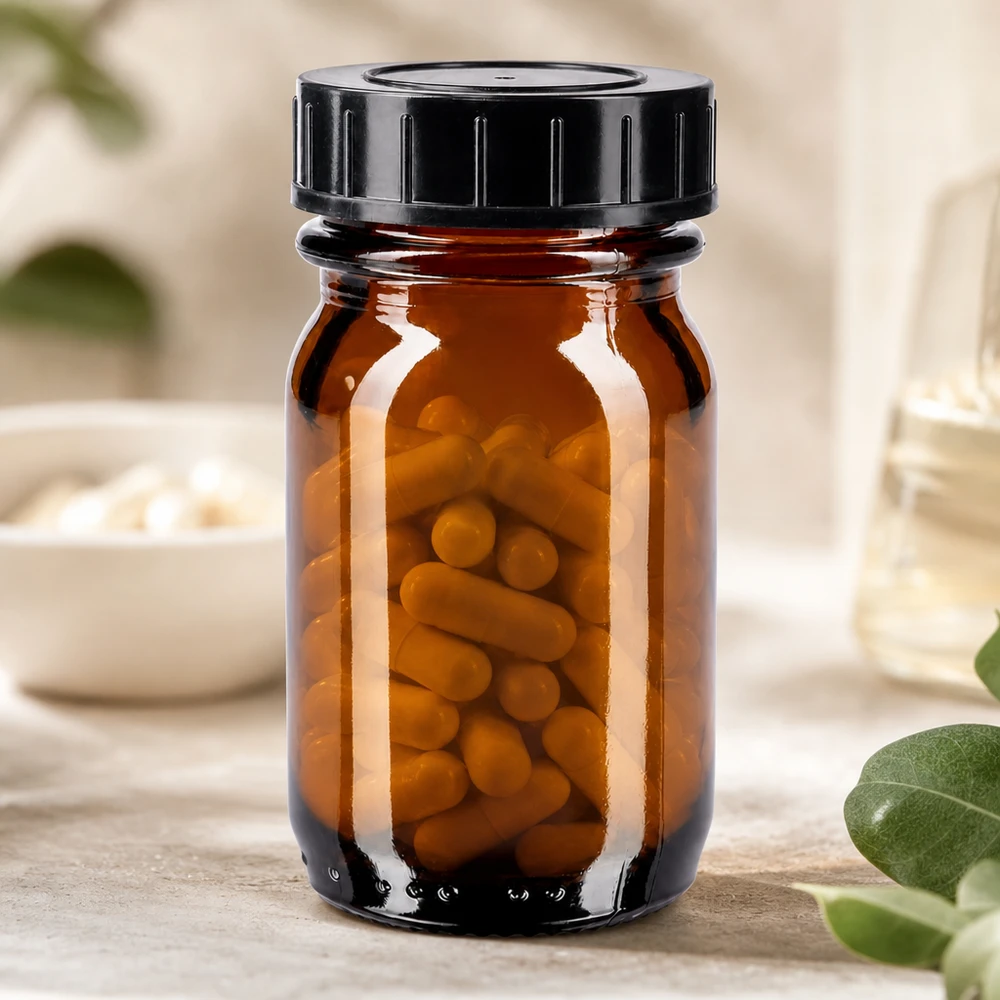 30 ml flaske med bred hals i ravfarvet glas med skruelåg Lille 30 ml ravfarvet glasflaske med bred åbning, ideel til piller og kosttilskud