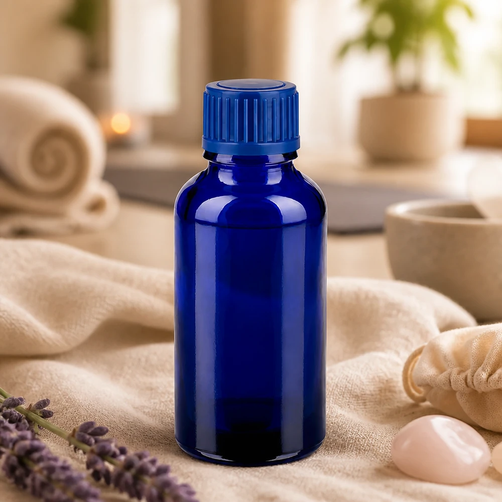 30 ml glasflaske i høj kvalitet i intens blå til professionel opbevaring af essenser