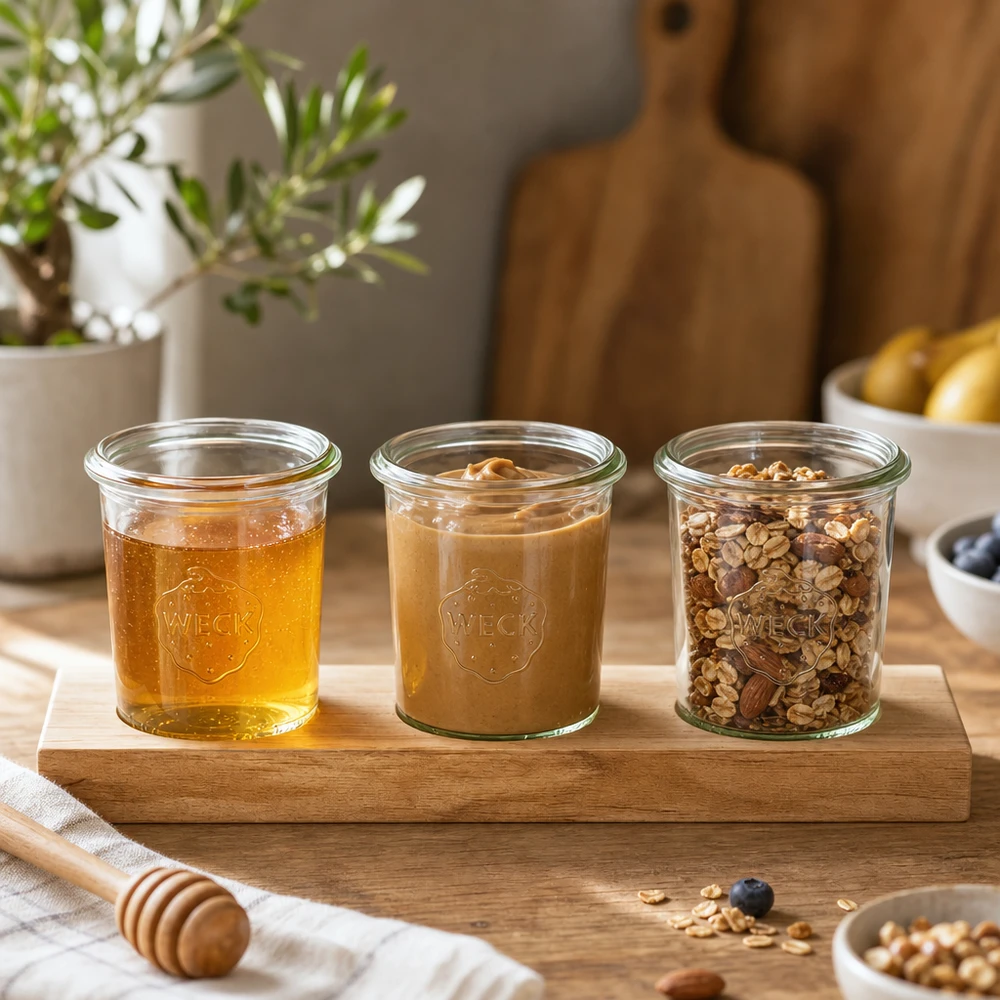 Serveringsbræt Plano3 med 3 Weck-glas med skruelåg, 160 ml Serveringsbræt i træ med Weck-glas på 160 ml fyldt med honning, nøddesmør og müsli i et moderne køkken