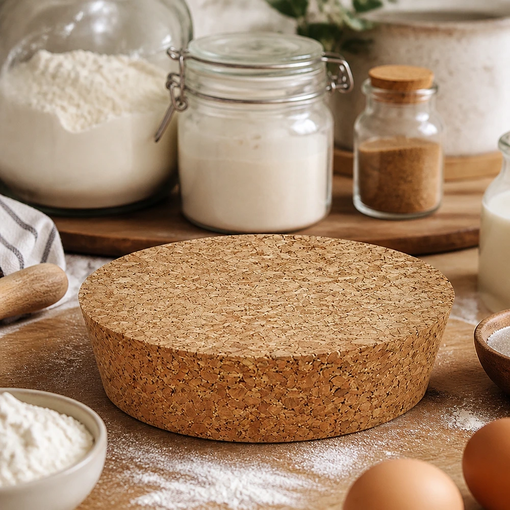 Kork til 75 mm åbning WECK RR80 (ø72/82, H=20 mm) WECK RR80 korkprop naturkork rund på bageplade med mel æg bageingredienser rustik køkkendekoration natur