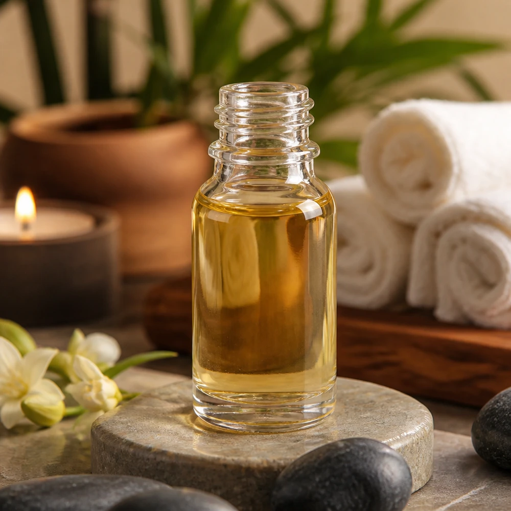 10 ml Apoteksflaske ClearLine DIN18 UNiTWIST 10 ml flaske af klart glas med æterisk olie i spa-stemning med stearinlys og håndklæder