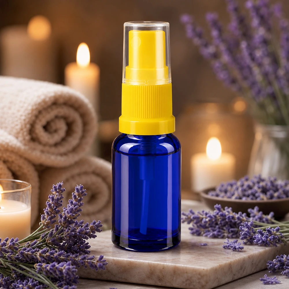 Apotekerflaske blå 10 ml spraytilbehør gul Blå 10 ml apotekerflaske med gul sprøjtehoved mellem lavendelblomster og stearinlys