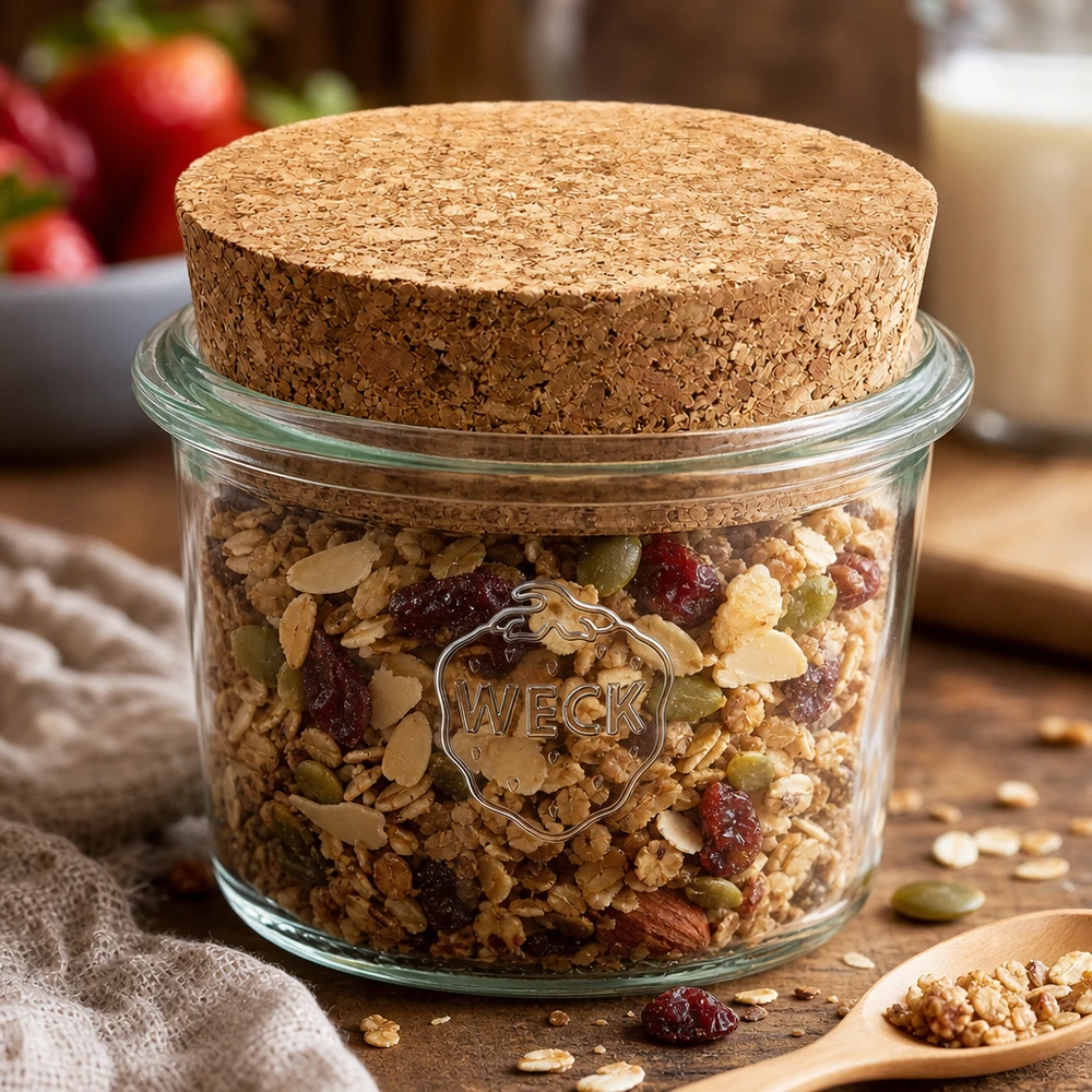 35 ml Briller WECK RR40 med kork natur WECK RR40 35 ml murerbalje med kork fyldt med müsli, nødder og tørret frugt som opbevaringskrukke i køkkenet