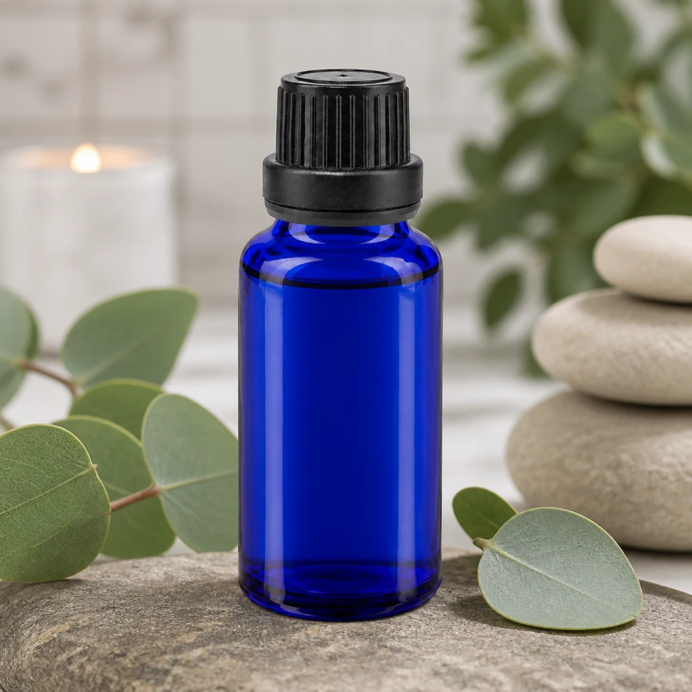 Apoteksflaske blå 20 ml skruelåg sort tæt OV Koboltblå 20 ml apotekerflaske med sort sikkerhedslåg og naturlig eukalyptusduft