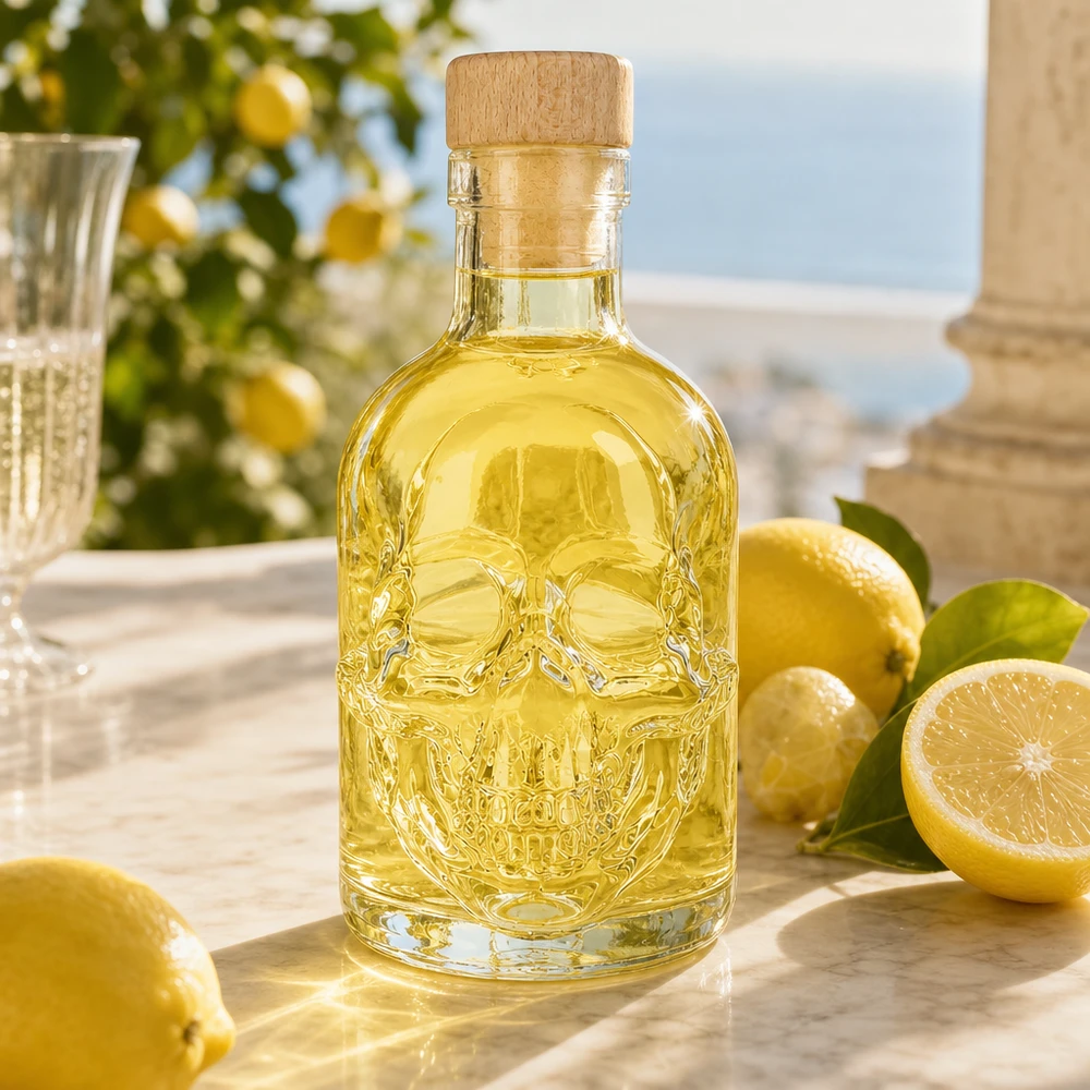 200 ml glasflaske »Jack« med træhåndtag og prop UNiTWIST® Dekorative Glasflasche Jack 200ml mit gelbem Inhalt zwischen Zitronen, stilvolle Küchendeko mit Totenkopf-Relief