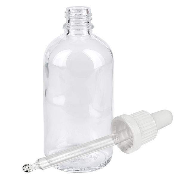 100 ml pipetteflaske hvid OV ClearLine UT18/100 Tom 100 ml glasflaske med hvid pipetteafsats af plast til laboratoriebrug