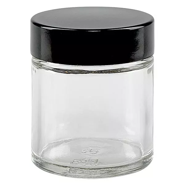 30 ml glaskrukke klar, med sort bakelitlåg ApoGlas. Farmaceutisk kvalitet fra EU-produktion. Fødevaresikker. Elegant præsentation af indholdet.