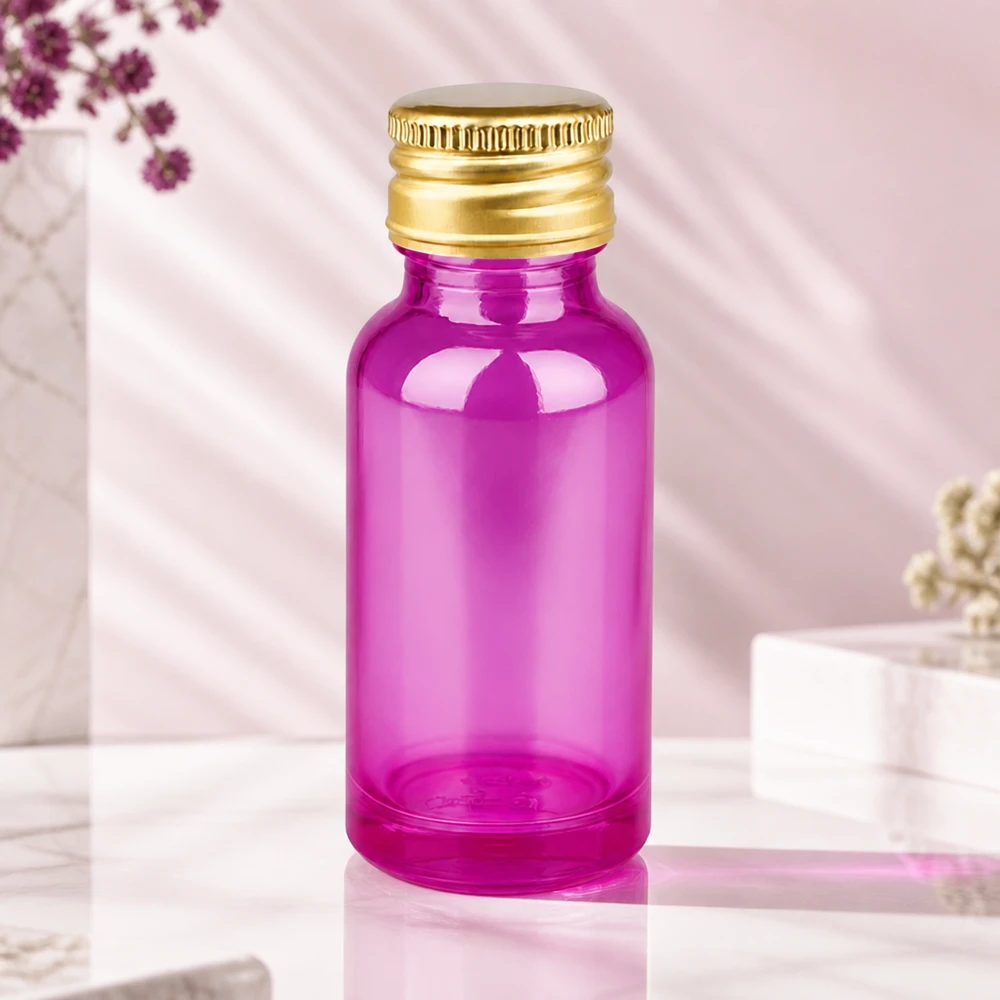 20 ml flaske 11 mm skruelåg aluminium guld standard PurpleLine. UT18/20 Kompakt 20 ml violet glasflaske med 11 mm standardgevind og guldhætte til mobil brug