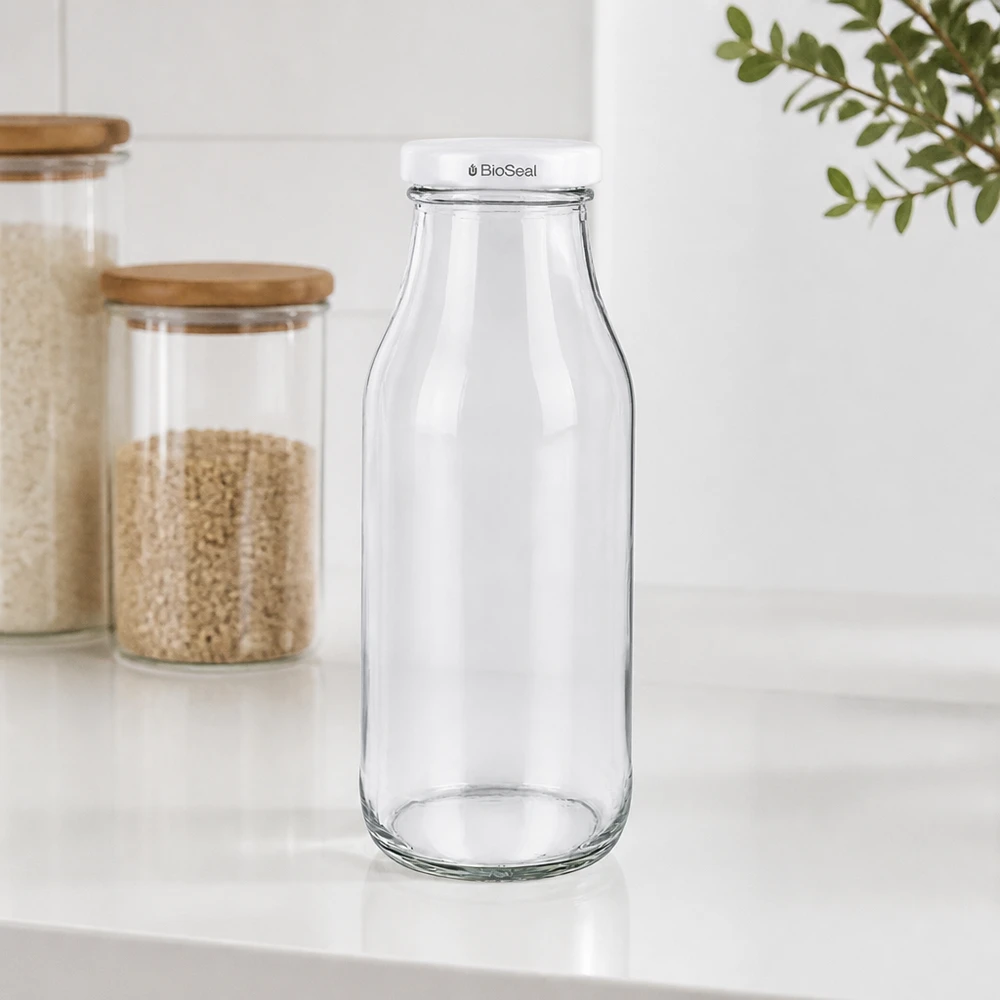 UNiTWIST Bottle263 med hvidt låg TO43 BioSeal UNiTWIST Bottle263 glasflaske med hvidt TO43 BioSeal-låg på hvid bordplade ved siden af opbevaringskrukker