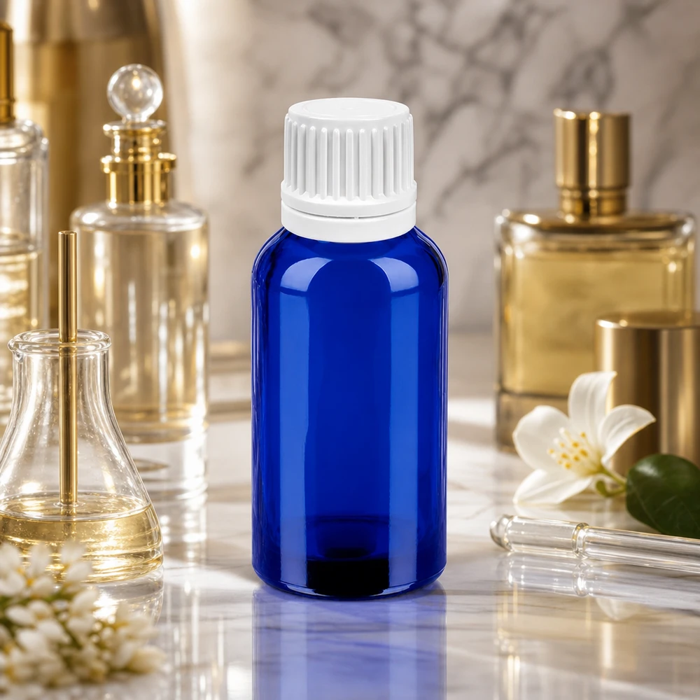 30 ml dråbeflaske af høj kvalitet lavet af blåt glas med hvid UT18-hætte til kosmetiske produkter