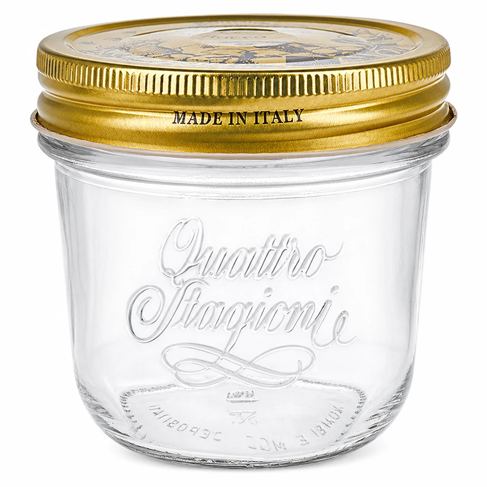 200 ml "Quattro Stagioni"-brillerne med låg 200 ml Quattro Stagioni-glas med guldskruelåg Made in Italy Konservesglas til konserves og marmelade