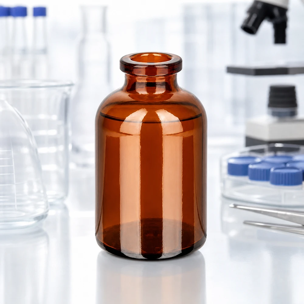 Injektionsflaske af ravfarvet glas 30 ml Hochwertige Injektionsflasche 30ml aus braunem Glas mit glattem Zylinderkörper und Rollrand