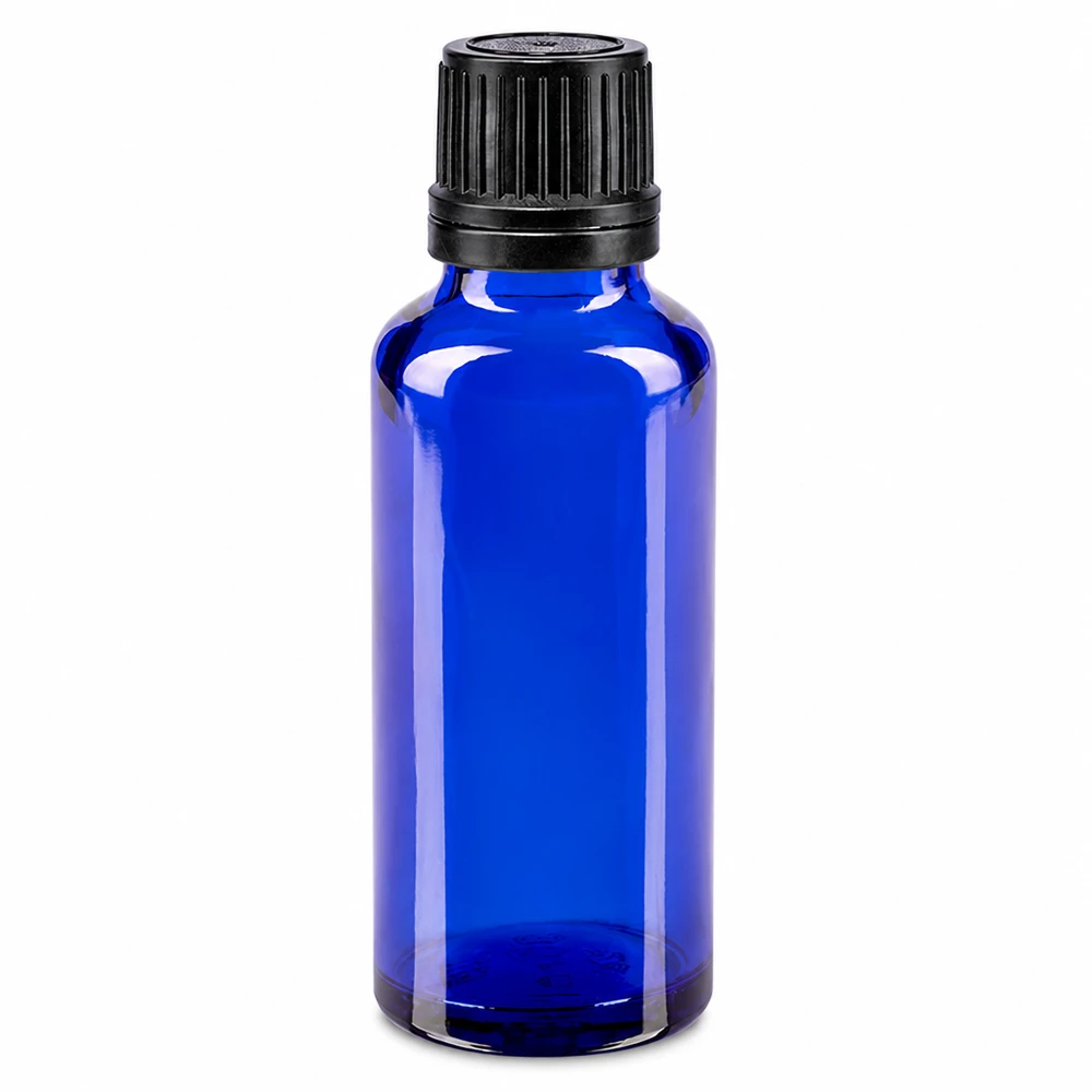 30 ml blå glasflaske med sort OV-lukning (8 mm) til apoteker og laboratorier