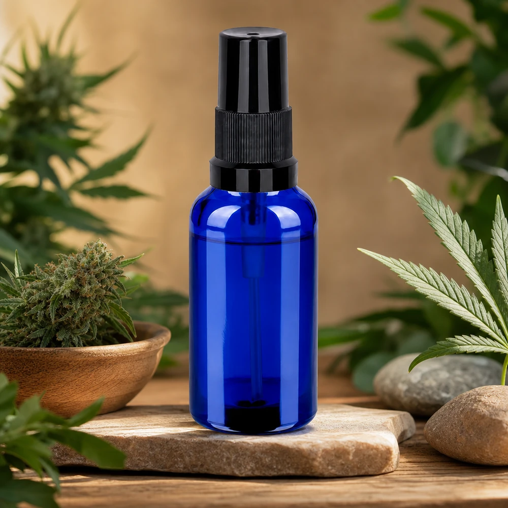 Kompakt 30 ml sprayflaske af blåt glas med ergonomisk sort sprayhoved